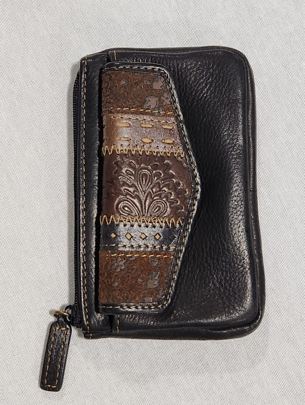 Fossil Coin Wallet Patchwork Leather Black Brown Tan ID Window Key Ring Snap Zip - Picture 2 of 9